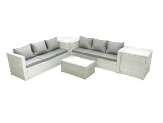 Fimous Garden Outdoor PE Rattan Furniture Set 6 Seater Rattan Garden Sofa Set with 2 Side Tables Light Grey Mixed