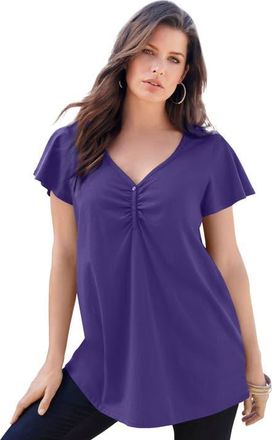 Roaman's Plus Size Cotton Ultimate Flutter Sleeve Sweetheart Tee in Midnight Violet at Nordstrom, Size 32