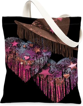 Generic Bohemian Hearts Canvas Tote Bags, Funky Star Pattern Reusable Grocery Bags, Lightweight Washable Shoulder Strap Canvas for, Black, 13x15 Inch