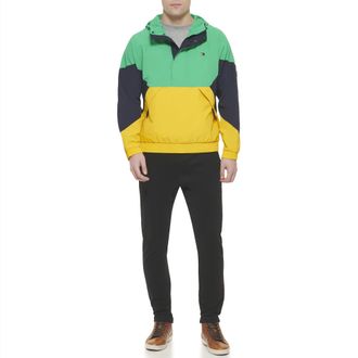 Tommy Hilfiger Mens Retro Lightweight Taslan Hooded Popover Water Resistant Windbreaker Jacket, Aqua Green/Navy/Yellow, Medium