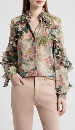 Kobi Halperin Esme Floral Ruffle Button-Up Chiffon Shirt in Rose Multi at Nordstrom, Size X-Small