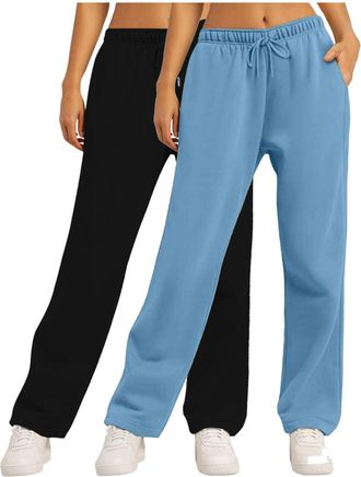 Generic 2 Pack Womens Baggy Joggers Pants Drawstring Elastic Waist Straight Leg Running Trousers Open Hem Sweatpants Activewear Trousers Tracksuit Bottoms Spo