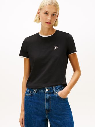 Tommy Hilfiger Kurzarmshirt TOMMY HILFIGER TH SCRIPT REG C-NK SS TEE, Damen, Gr. XXL (44), schwarz, Single Jersey, Obermaterial: 95% Baumwolle, 5% Elasthan, unifarbe