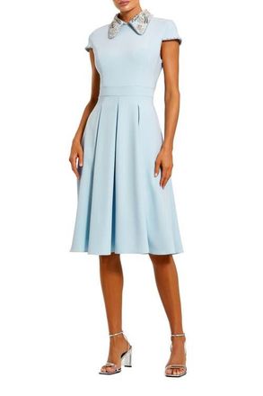 Mac Duggal Crepe Short Sleeve Midi Dress With Beading in Powder Blue at Nordstrom, Size 14