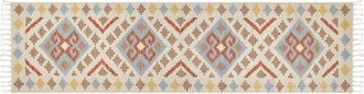 Beliani Alfombra Kilim De Algod&oacute;n Beige Azul Amarillo Naranja 80 X 300 Cm Geom&eacute;trico Borlas Atan