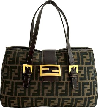 Fendi Black Brown Canvas Leather Handbag Tote Bag (Pre-Owned)