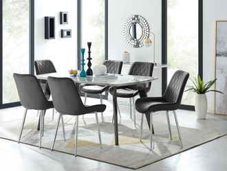 Furniturebox Andria Marble Effect Dining Table With Black Legs & 6 Pesaro Velvet Silver Leg Chairs
