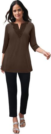 Jessica London Stretch Cotton Crochet Notch Neck Tunic in Chocolate at Nordstrom, Size Small