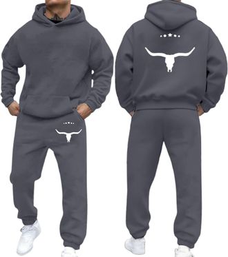 Generic 2 Piece Tracksuits for Men UK Fleece Ox Printed Hoodie and Soft Jodding Sweatpants Autumn and Winter Warmth Sweatsuits Comfy Hoody and Trousers Sets O
