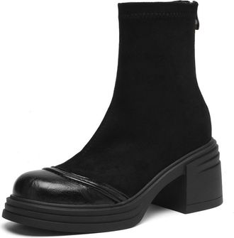 Generic Women Elastic Ankle Boots Round Toe Platform Chunky Block Heels Side Zipper Suede PU Leather Slip On Lightweight Comfortable Durable Non Slip Trendy F