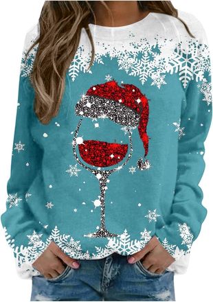 Generic Christmas Jumpers for Women UK Christmas Print Funny Sweatshirts Xmas Tree Red Wine Glass Novelty Jumper Long Sleeve Ugly Holiday Pullover Tops Plus S