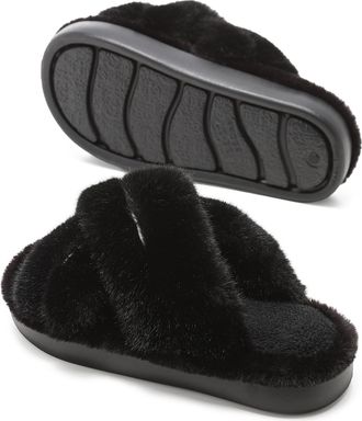 Generic Womens Winter Fuzzy Cross-Band Slippers, Memory Foam Cushioned Indoor Outdoor House Shoes, Non-Slip Warm Platform Slides,Black,3.5 UK