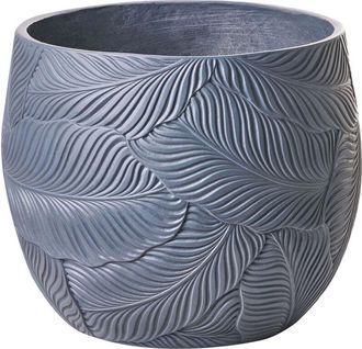 Beliani Flower Pot Grey Fibre Clay Painted Indoor and Outdoor Planter Round 47 x 47 x 43 cm Leaf Pattern Modern Design Living Room Garden BAIYUN