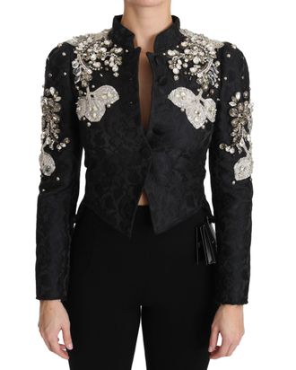 Dolce & Gabbana Womens Black Jacquard Crystal Floral Jacket - Grey Silk - Size X-Small