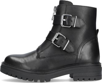 Omoda Zwarte Bikerboots met Zilveren Gespen - Dames - Enkellaarsjes - Zwart - 38 EU - Leer - Schoenen