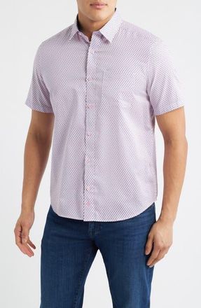 Johnston & Murphy Logan Microprint Short Sleeve Cotton Blend Button-Up Shirt in Pink /Navy Bowtie at Nordstrom, Size Xxx-Large