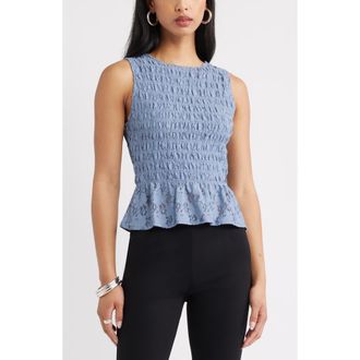 Open Edit Smocked Lace Peplum Top in Blue Tempest at Nordstrom, Size Xx-Small