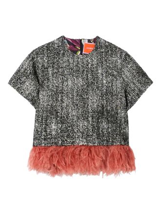 La DoubleJ feather-trim tweed T-shirt - women - Viscose/Cotton/Acrylic/Polyamide/Polyester/Mohair/Virgin Wool/Other fibres/Ostrich Feather - S