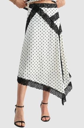 Lush Asymmetric Lace Trim Satin Midi Skirt in White Black Dot at Nordstrom Rack, Size X-Small