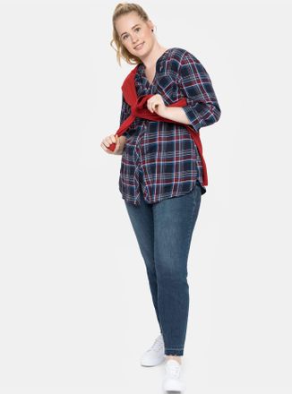 Sheego Karobluse SHEEGO, Damen, Gr. 40, blau (nachtblau), 100% Baumwolle, gemustert, kariert, mehrfarbig, Rundhals, Blusen Karobluse