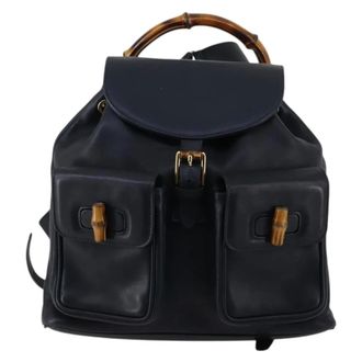 Gucci Vintage Bamboo Leather Navy Leather Backpack Bag (Pre-Owned)