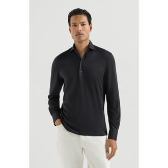 Brunello Cucinelli Silk and cotton lightweight jersey long sleeve polo with shirt-style collar in Navy Blue at Nordstrom, Size Xxx-Large Eu