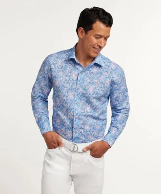 David Donahue Paisley Linen Blend Sport Shirt In Navy/pink