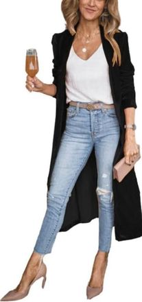 Generic Womens Vintage Velvet Open Front Cardigan Blazer Suits Silky Loose Fit Long Jacket Coat (Black,S)