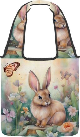 Generic Floral Rabbit Butterfly Reversible Canvas Shoulder Tote - Double-Sided Print, 12oz Cotton, 27cm Drop, Fold-Flat Bag for Travel, Shopping, Street Outin