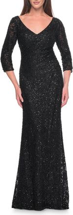 La Femme Fitted Beaded Lace Evening Gown with Ruching in Black at Nordstrom, Size 12