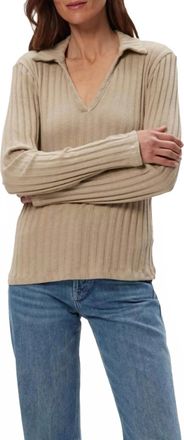 Michael Stars Liyah London Rib Long Sleeve Collared Tee In Macadamia