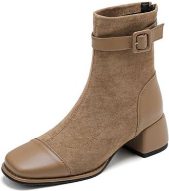 Generic Womens Fashion Square Toe Faux Suede Ankle Boots Block Heels Buckle Detail Comfortable Anti Slip Wear Resistant For Office Daily Commute Casual Style,