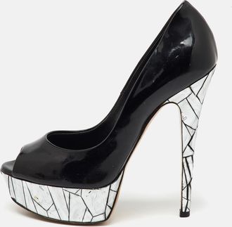 Casadei Black Patent Leather Mosaic Mirror Heel Peep Toe Platform Pumps