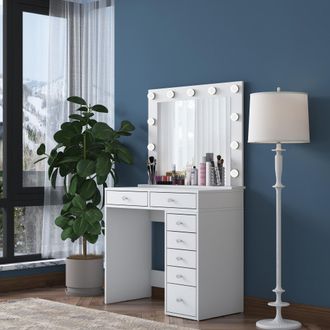 Dmora Toiletta Cocchiara, Tocador Con Espejo, 7 Cajones, Luces Incluidas, 90x45x153h Cm Blanco