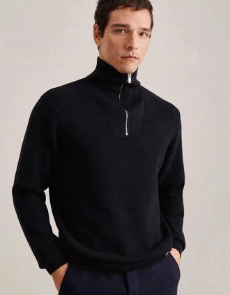 Seidensticker Seidensticker Mens Merino Wool Stand Collar 1/4 Zip Knit Dark Blue - Size: 44