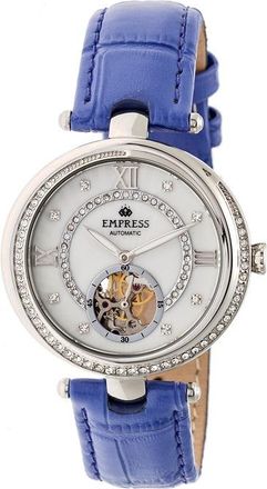 Empress Stella Silver Semi-Skeleton Dial Silver-tone Case Blue Leather Strap Automatic Ladies Watch EM2103