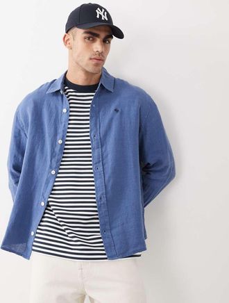 Abercrombie & Fitch Icon - Camicia a maniche lunghe blu 100% lino con logo