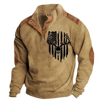 Generic 1/4 Button Sweatshirt Men, Usa Patriotic Clothing Tops 3D American Flag Print Winter Activewear Stand Collar Tracksuit Top With Elbow Patches Long Sle