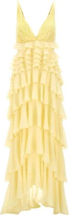 Elisabetta Franchi Gele Georgette Jurk met Kant en Kristallen - Dames - Avondkleed - Geel - M - Polyester - Kleedjes