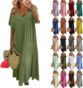 Generic Women Linen Sleeveless Dress Summer Dresses Womens Casual Oversized Solid Color V Neck Short Sleeve Cotton Maxi with Big Hemline Long for UK (Dark Gre
