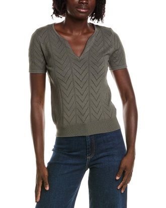 T Tahari Split Neck Collar Pointelle Sweater