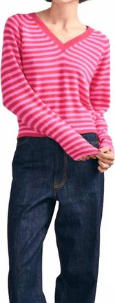 JUMPER 1234 Crop Stripe V-Neck Long Sleeve Sweater In Watermelon Red Peony