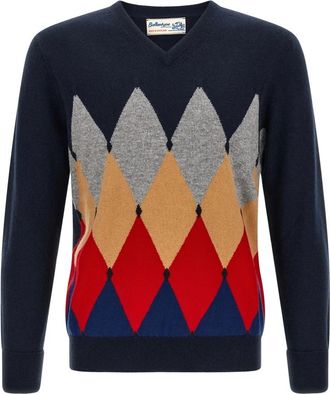 Ballantyne Classic Diamond V Neck Pullover - Heren - V-hals truien - Blauw - M - Kasjmier - Truien & Vesten