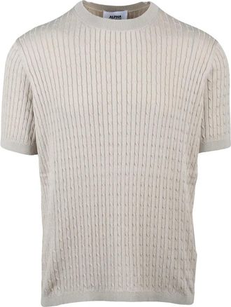 Alpha Studio Beige Cotton Cable Knit Crew Knit Top