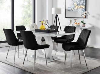 Furniturebox Giovani 6-Seater Grey Glass Dining Table & 6 Pesaro Soft Velvet Dining Chairs in Black