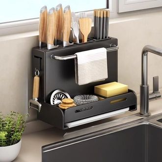 OEM Soporte Para Cuchillos De Cocina, Organizador De Cuchillos Y Palillos, No Requiere Taladro, Se Monta En La Pared, Con Bandeja De Drenaje - 28,7 &times; 21 &times;