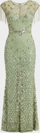 Mac Duggal Petite Embellished Fringe Column Gown