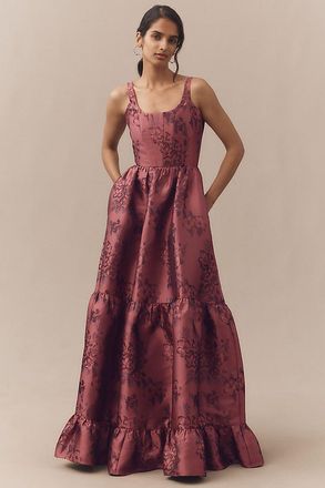 V. Chapman Avery Scoop-Neck Tiered Floral Brocade Maxi Dress