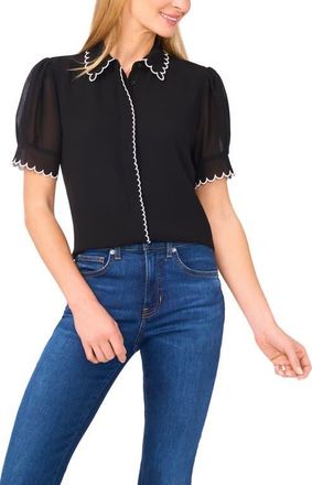 CeCe by Cynthia Steffe Scallop Trim Puff Sleeve Button-Up Shirt in Rich Black at Nordstrom, Size Large