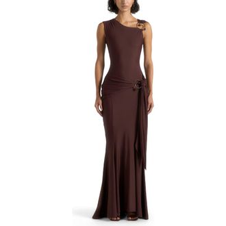 Mani&egrave;re De Voir Rania Asymmetric Draped Midaxi Dress in Brown at Nordstrom, Size 10